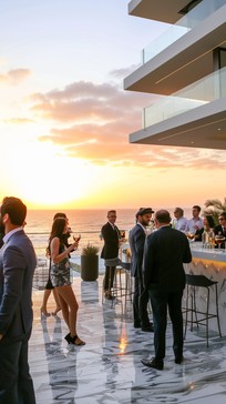 Guests gathering on a rooftop at sunset