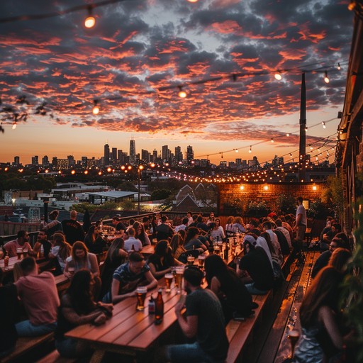 Evening rooftop gathering with city lights